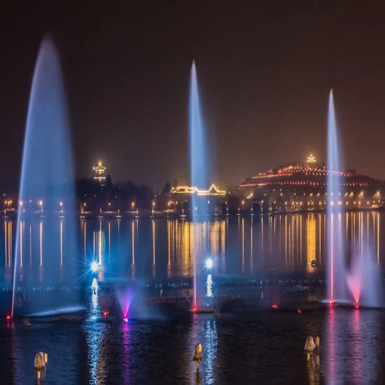 Morden Musique En Acier Inoxydable Danse Fontaine Fontaine D'eau Spectacle De Projecteur Laser D'eau, Inner Circle Bridge Rainbow Fontaine, Pyrotechincs Fire Spray Fountain